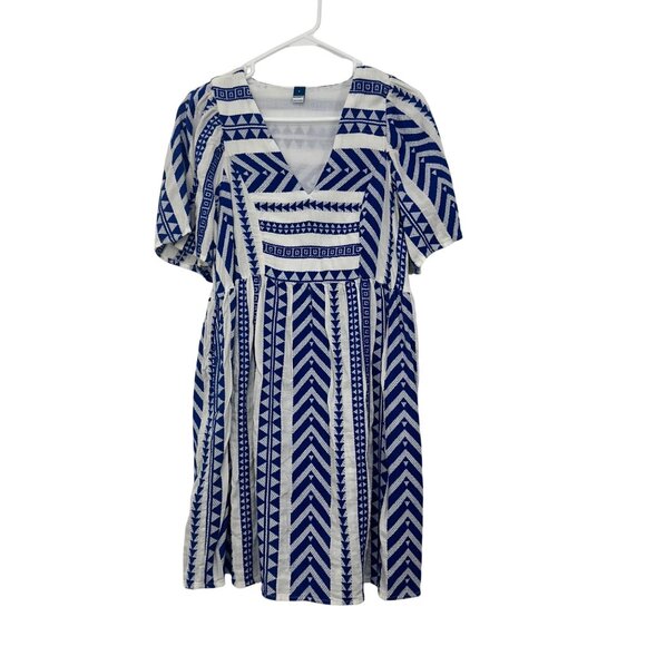 Old Navy Women Blue/White Geometric Print V-Neck Short Sleeve Dress SZ S Pockets - Picture 13 of 14
